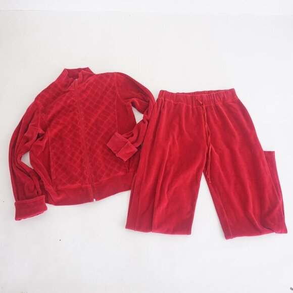 Tops - Vintage Jessica Red Quilt Diamond Print Pattern Velour Two-Piece Matching Set M